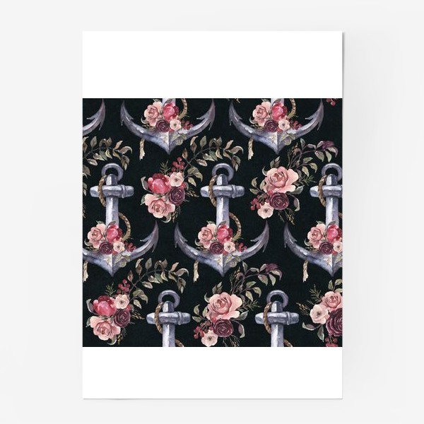 Постер «Штурвал, якори и цветы акварель»