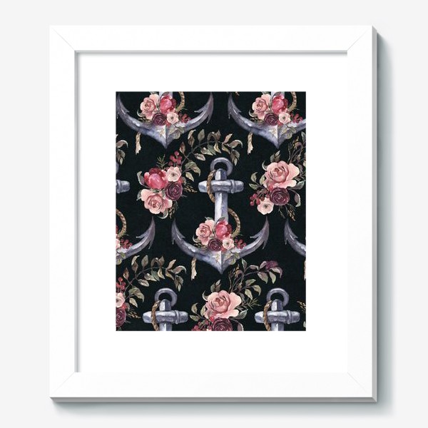 Картина «Штурвал, якори и цветы акварель»