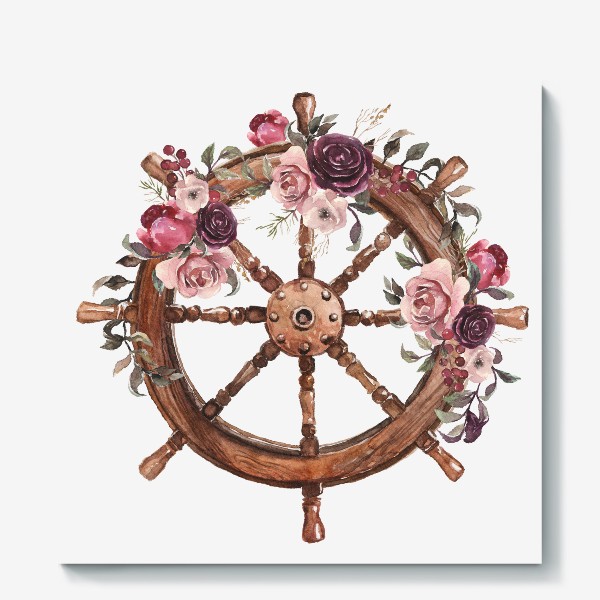 Холст «Штурвал и цветы акварель. Море и моряк»