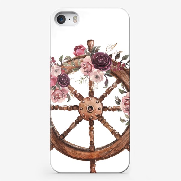 Чехол iPhone «Штурвал и цветы акварель. Море и моряк»