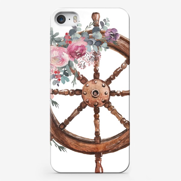 Чехол iPhone «Штурвал и цветы акварель. Море и моряк»