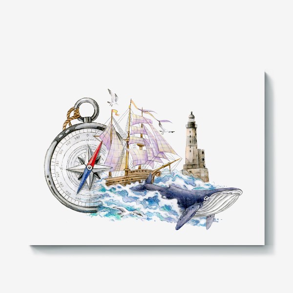 Холст «Море, маяк, кит, корабль, компас»