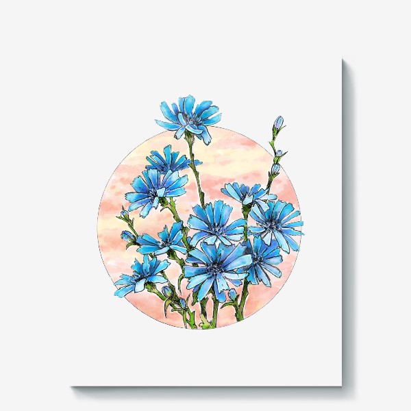 Холст «Цветы, цикорий, синий цветок, круг»