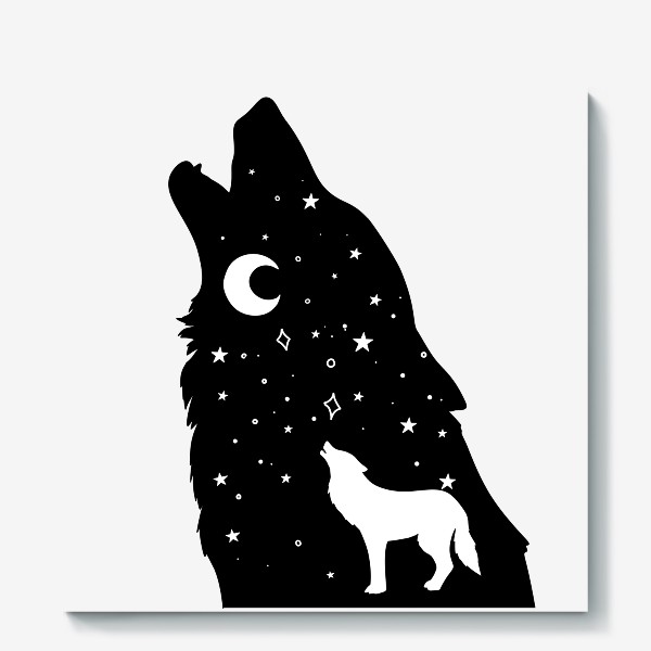 Холст «волк воющий на луну, черная звездная голова с ночным небом и телом волка, серия магические животные»