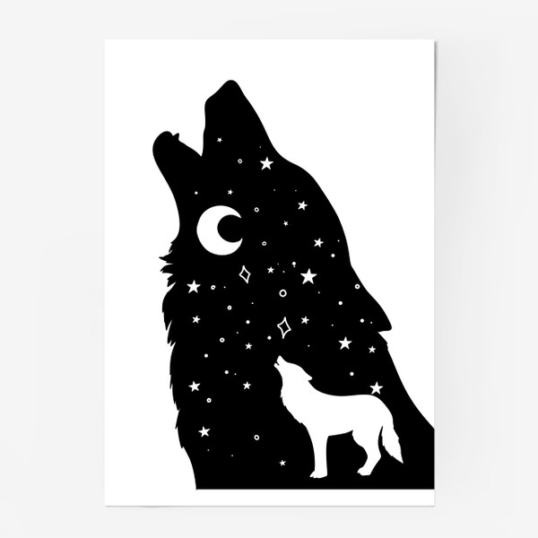 Постер &laquo;волк воющий на луну, черная звездная голова с ночным небом и телом волка, серия магические животные&raquo;