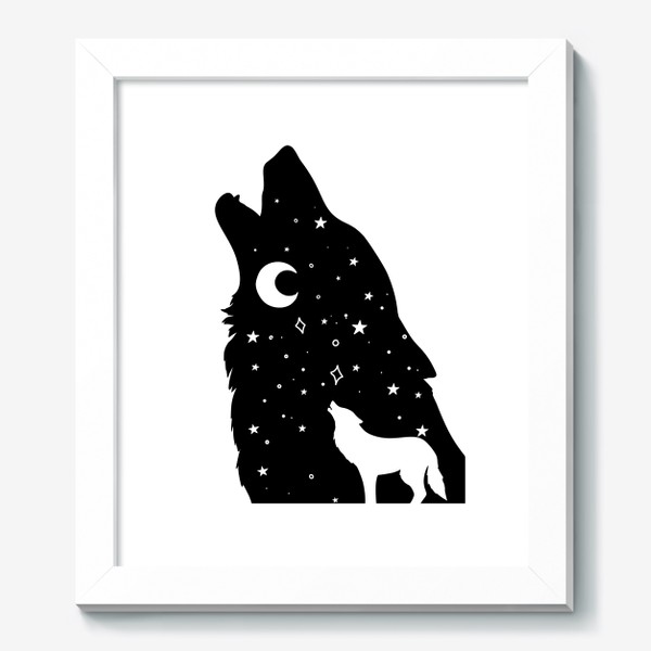 Картина «волк воющий на луну, черная звездная голова с ночным небом и телом волка, серия магические животные»