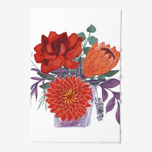 Полотенце «Красные цветы и листья эвкалипта в вазе на белом фоне»