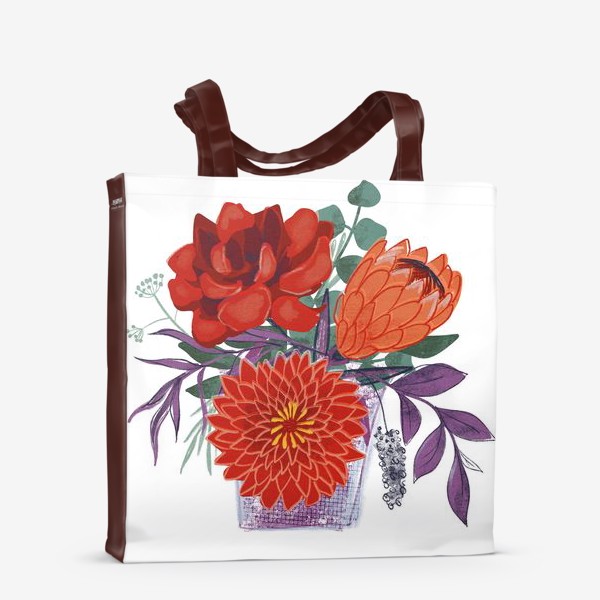 Сумка-шоппер «Красные цветы и листья эвкалипта в вазе на белом фоне»