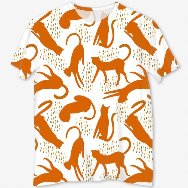 Футболка с полной запечаткой «Оранжевые леопарды на белом фоне - безшовный паттерн»