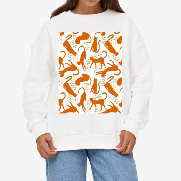 Свитшот «Оранжевые леопарды на белом фоне - безшовный паттерн»