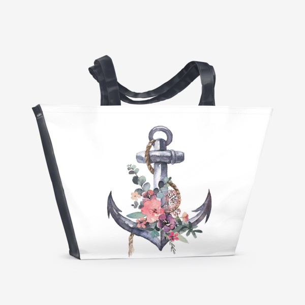 Пляжная сумка «Якорь и цветы акварель»