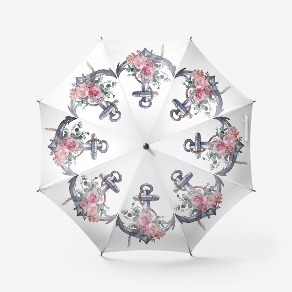 Зонт «Акварельный якорь и цветы»