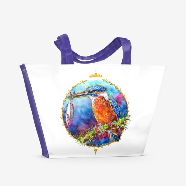 Пляжная сумка «Зимородок, рыба, рыболов, птица, круг»