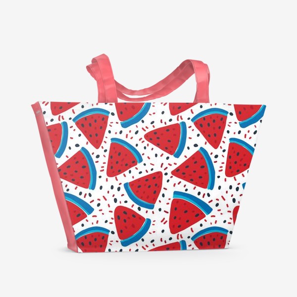 Пляжная сумка «Веселые арбузы на белом фоне - синий и красный паттерн»