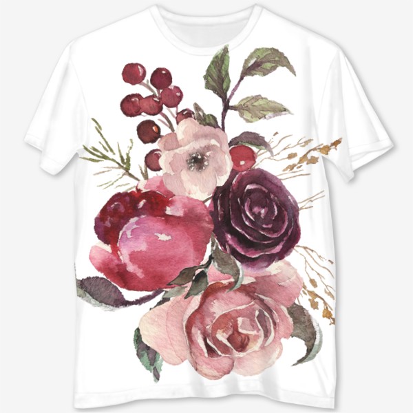 Футболка с полной запечаткой «Цветы акварель розы и пионы»