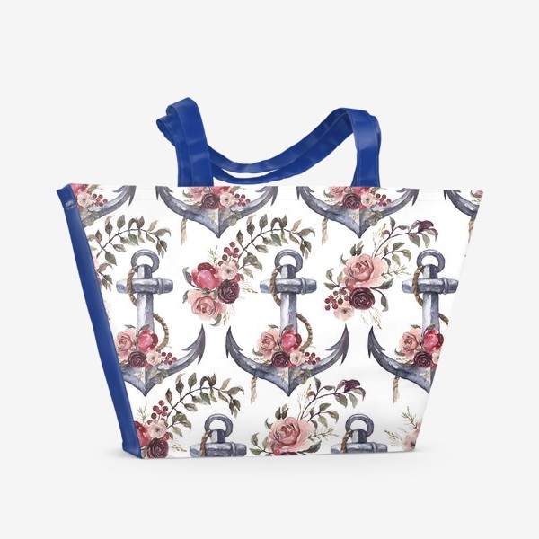 Пляжная сумка «Штурвал, якори и цветы акварель»