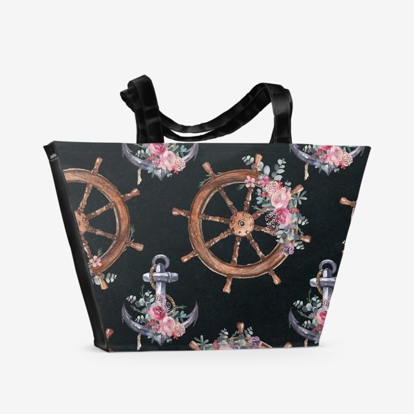 Пляжная сумка «Штурвал, якори и цветы акварель»