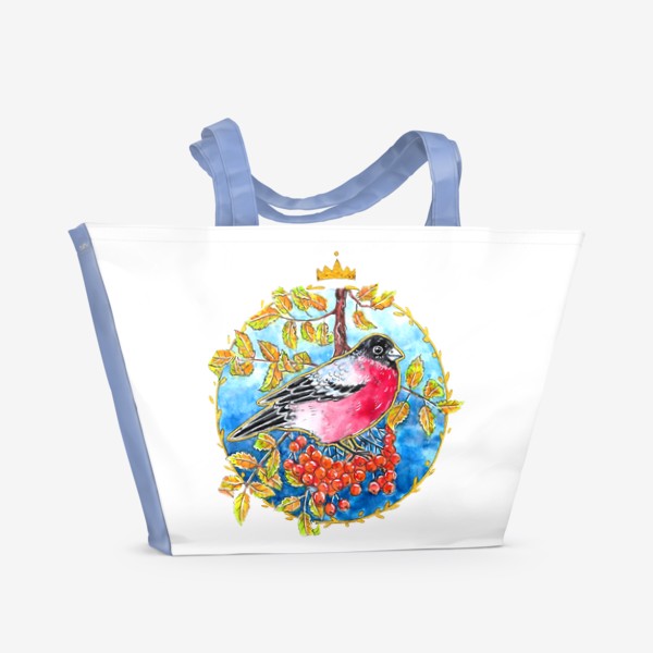 Пляжная сумка «Снегирь, рябина, осень, круг, листья и ягоды»
