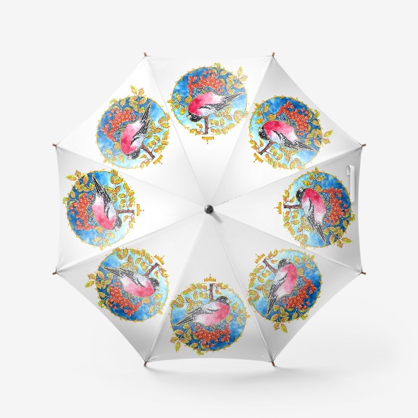 Зонт «Снегирь, рябина, осень, круг, листья и ягоды»