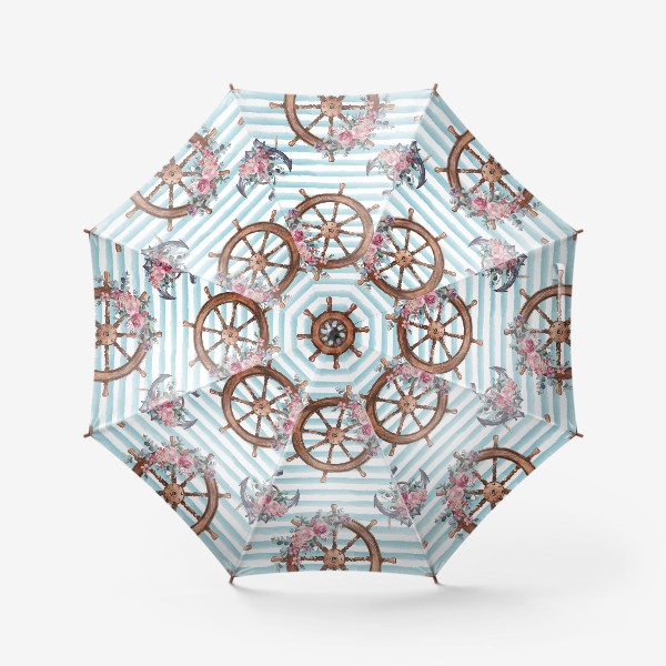 Зонт «Штурвал, якори и цветы акварель»