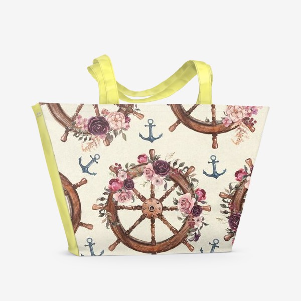Пляжная сумка &laquo;Штурвал, якори и цветы акварель&raquo;