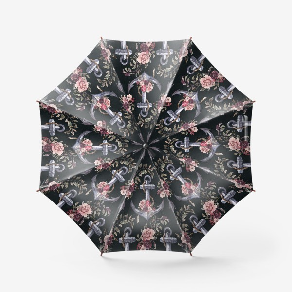 Зонт &laquo;Штурвал, якори и цветы акварель&raquo;