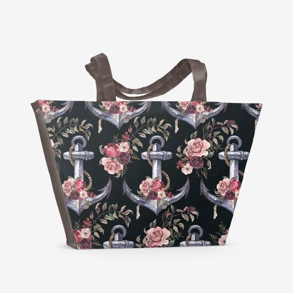 Пляжная сумка &laquo;Штурвал, якори и цветы акварель&raquo;