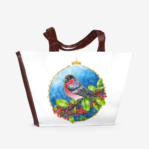 Пляжная сумка &laquo;Снегирь, круг, листья, ягоды, корона&raquo;