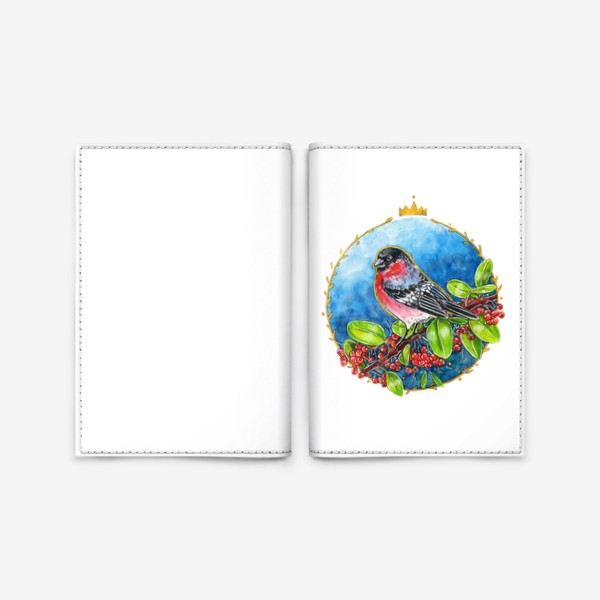 Обложка для паспорта «Снегирь, круг, листья, ягоды, корона»