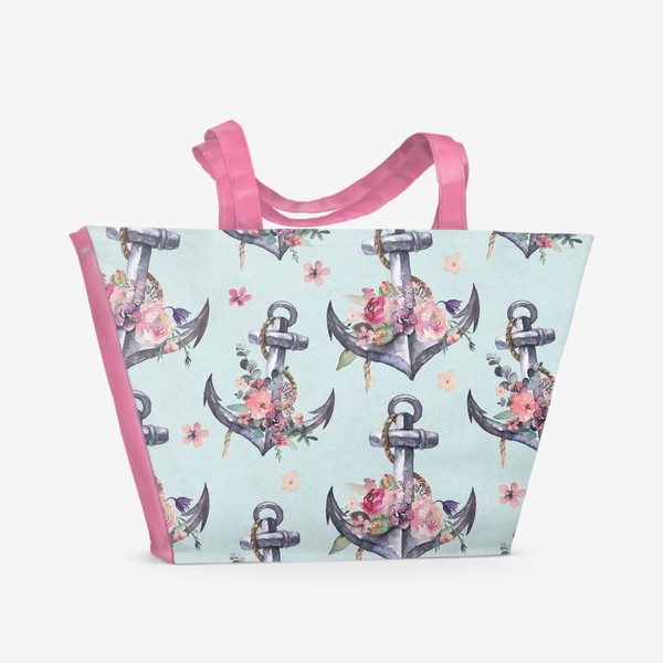 Пляжная сумка «якори и цветы акварель»
