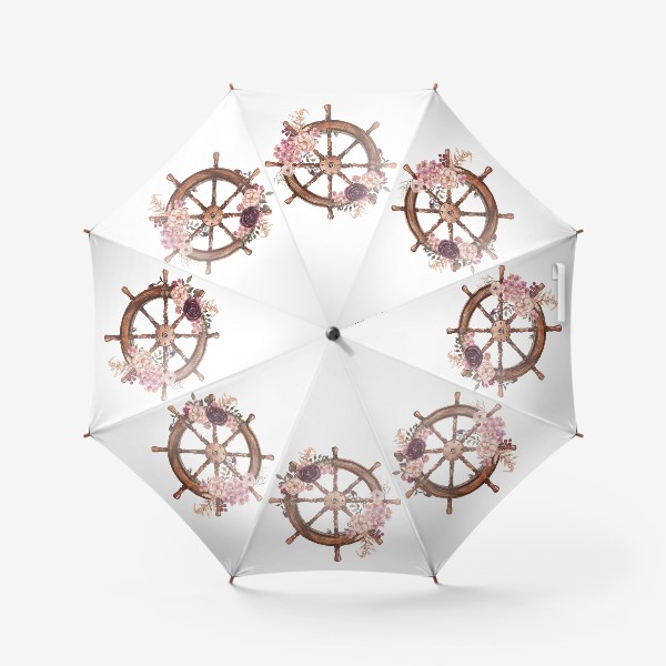 Зонт «Штурвал и цветы акварель. Море и моряк»