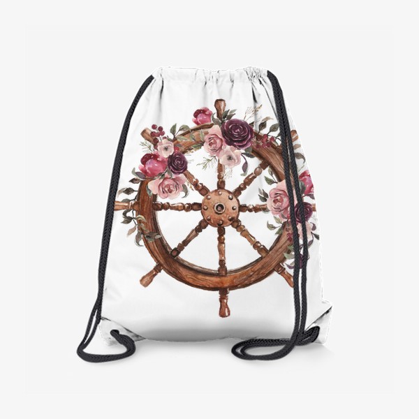 Рюкзак «Штурвал и цветы акварель. Море и моряк»