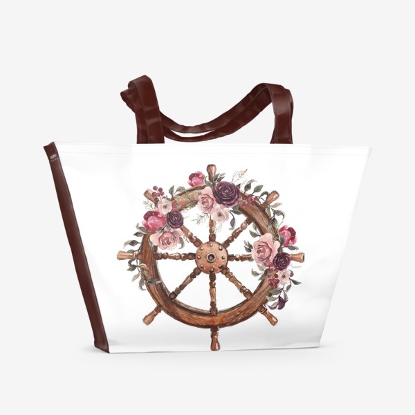 Пляжная сумка «Штурвал и цветы акварель. Море и моряк»