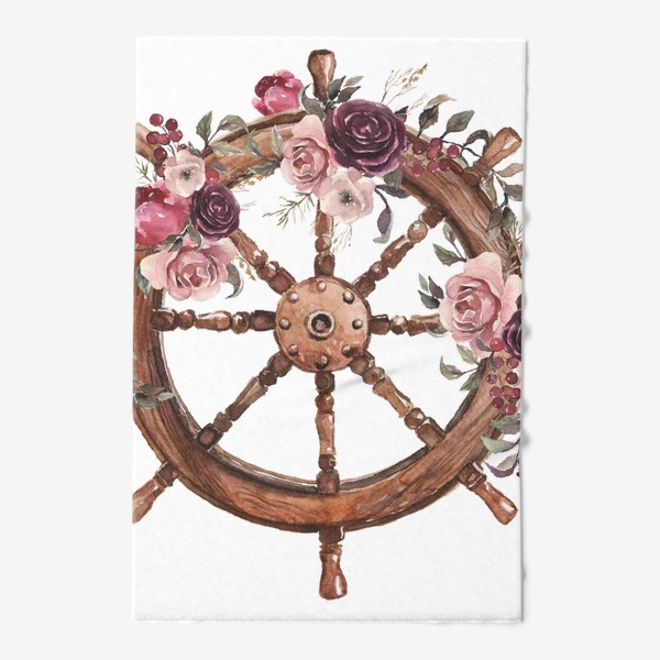 Полотенце «Штурвал и цветы акварель. Море и моряк»