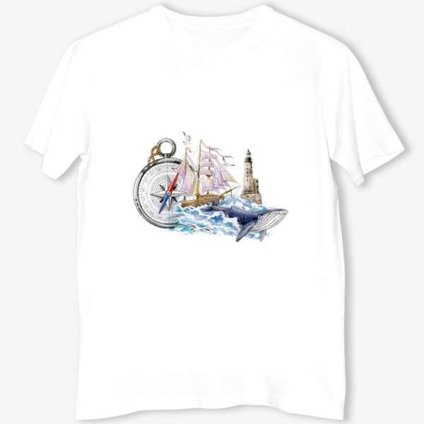 Футболка «Море, маяк, кит, корабль, компас»
