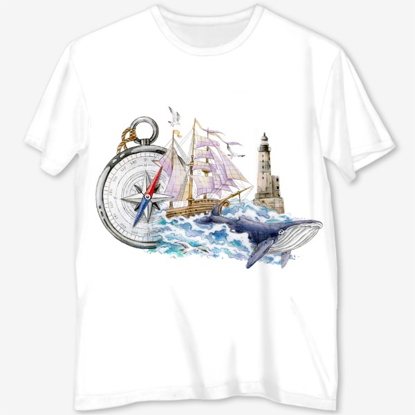 Футболка с полной запечаткой «Море, маяк, кит, корабль, компас»