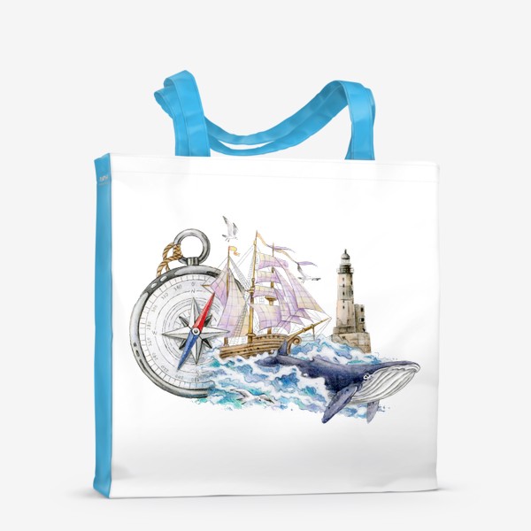 Сумка-шоппер &laquo;Море, маяк, кит, корабль, компас&raquo;