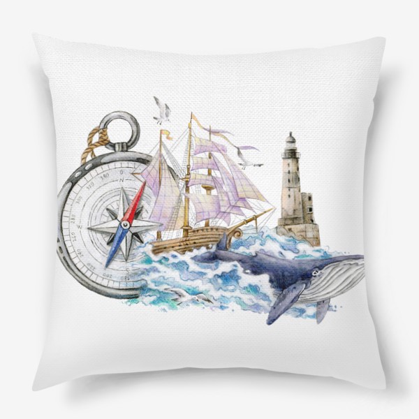 Подушка «Море, маяк, кит, корабль, компас»