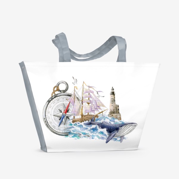 Пляжная сумка «Море, маяк, кит, корабль, компас»