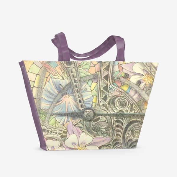 Пляжная сумка «Мозаика, цветы и часовой механизм»