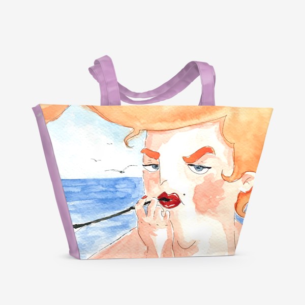 Пляжная сумка «Акварельная дама на море курит муштук. Одри Хепбёрн »