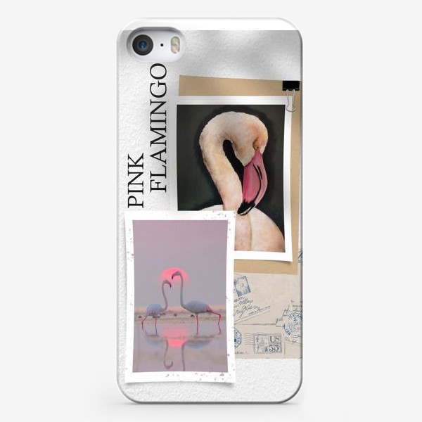 Чехол iPhone «Розовые фламинго - летний коллаж с фото и рисунком»
