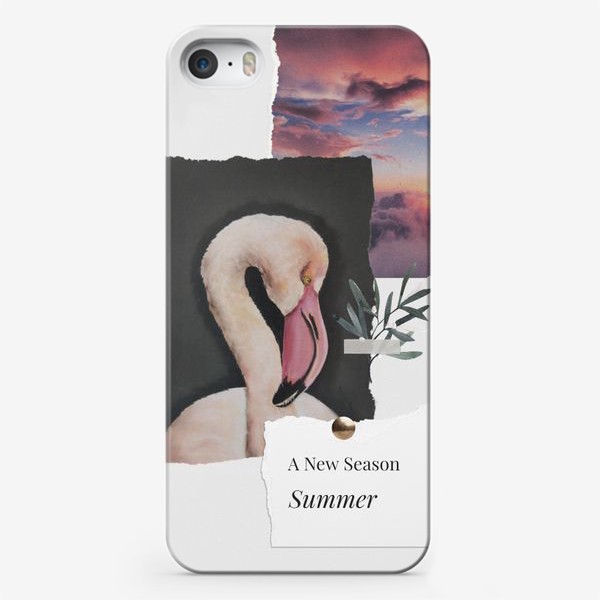 Чехол iPhone «Коллаж с розовым фламинго сухой пастелью и фотографией заката с облаками»