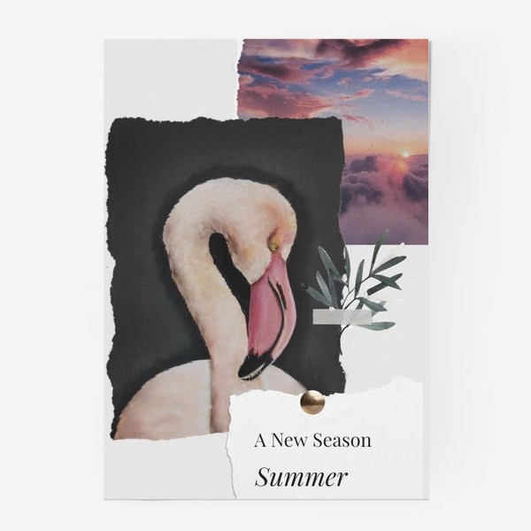 Постер «Коллаж с розовым фламинго сухой пастелью и фотографией заката с облаками»