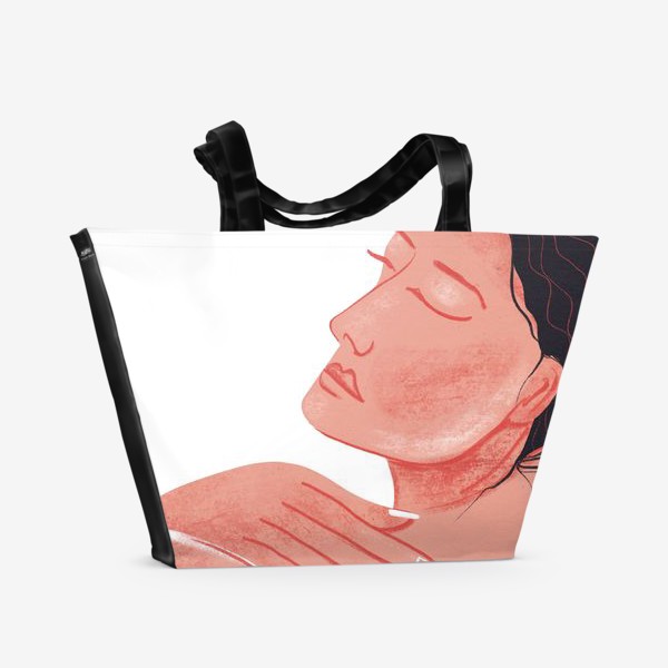 Пляжная сумка «Женский Силуэт  - лицо и плечи  с длинными темнями волосами»