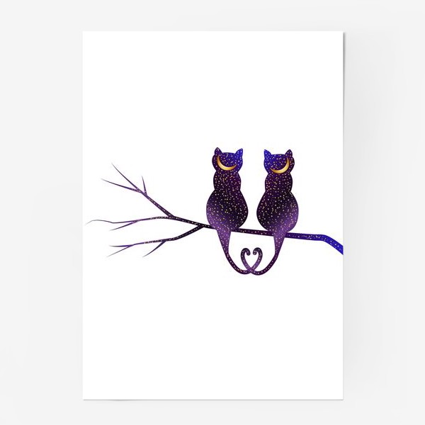 Постер «Влюбленные коты на ветке. Кот-ночь и кошка-ночь, космос и луна. 2023 год кота»