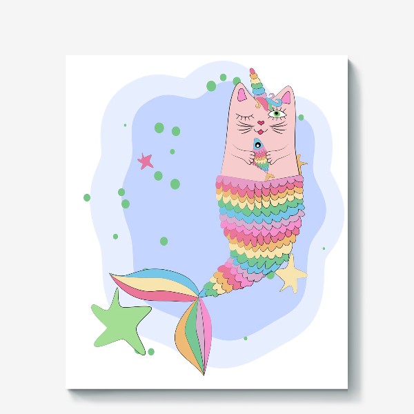 Холст &laquo;Фэнтези-кот с рыбкой. Кот-единорог-русалка. Фантастические животные, символ 2023 года &raquo;