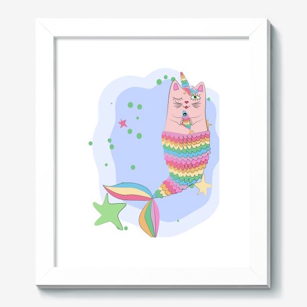 Картина «Фэнтези-кот с рыбкой. Кот-единорог-русалка. Фантастические животные, символ 2023 года »