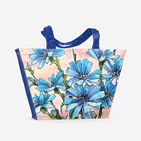 Пляжная сумка «Цветы, цикорий, синий цветок, круг»