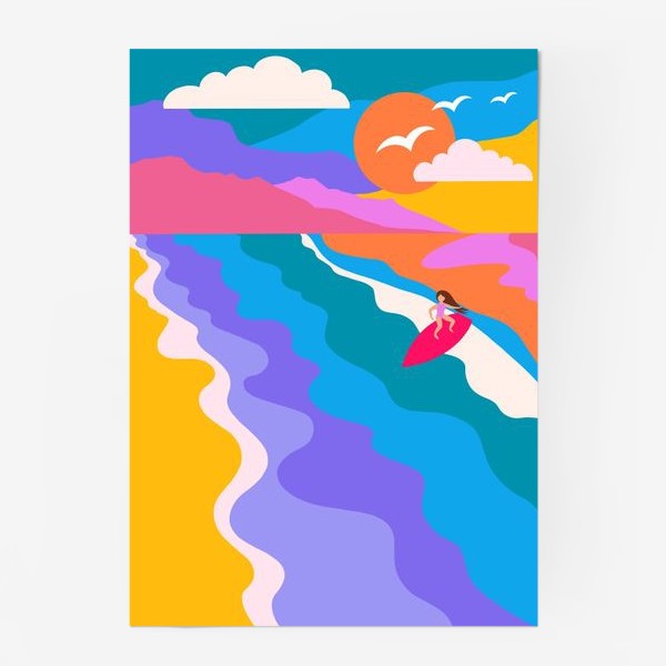 Постер &laquo;Сёрфинг. Девушка, море, закат. Минимализм&raquo;